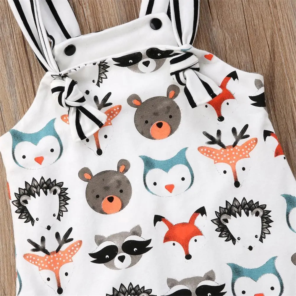 Newborn Baby Strappy Romper Jumpsuit: Cartoon Animals Print, 0-24M