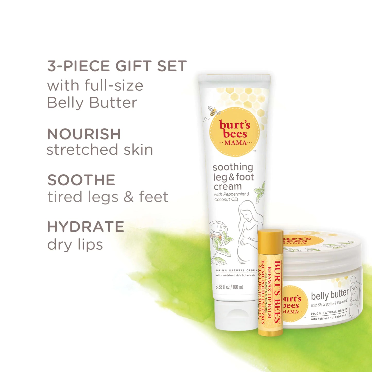 Burt's Bees Pregnancy Essentials Gifts Set, 3 Giftable Baby Shower Products & Must Have Baby Registry Items, Nourishing Skincare - Mama Belly Butter, Original Lip Balm, Leg & Foot Cream Mama Pregnancy Set 3 Count (Pack of 1)