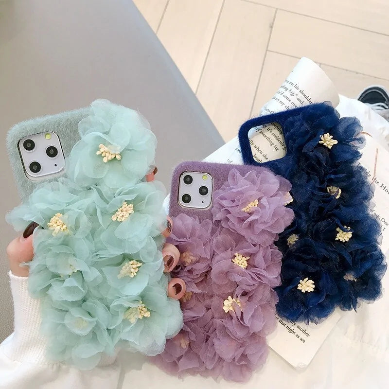 3D Lace Flower Furry Phone Case Cover for iPhone Models