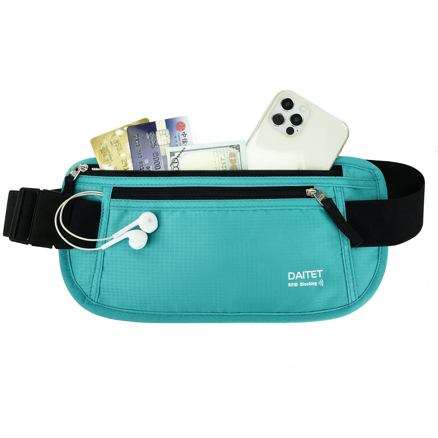 RFID Blocking Money Belt for Men Women, Slim Fanny Pack for Travel，Running,Conceal Waist Wallet for Passport Holder,Phone,Cash(Black Mint Green) Black Mint Green Rfid Blocking & Belt Wide:1.45Inch