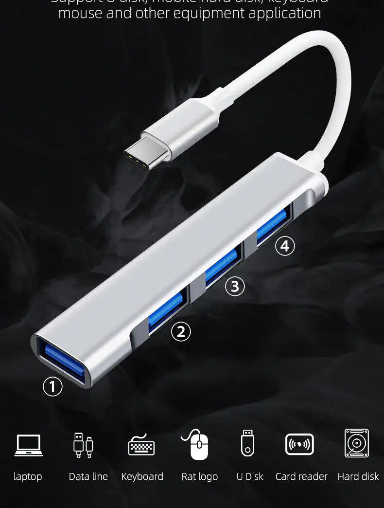 USB-C Type C to USB 3.0 4 Port Hub Splitter For PC Mac Phone MacBook Pro iPad