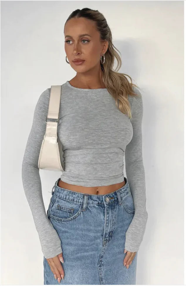 Solid Color Slim-Fit Long Sleeve Women's Casual Pullover Top