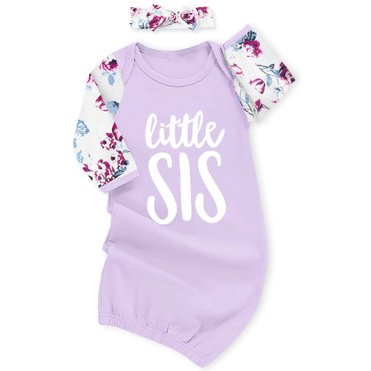 AMAWMW Newborn Baby Girl Little Sister Sleeper Gown Stripe Long Sleeve Nightgown Pajamas Gifts Stuff Essential Outfit A Purple Flower Sleeve 0-6 Months