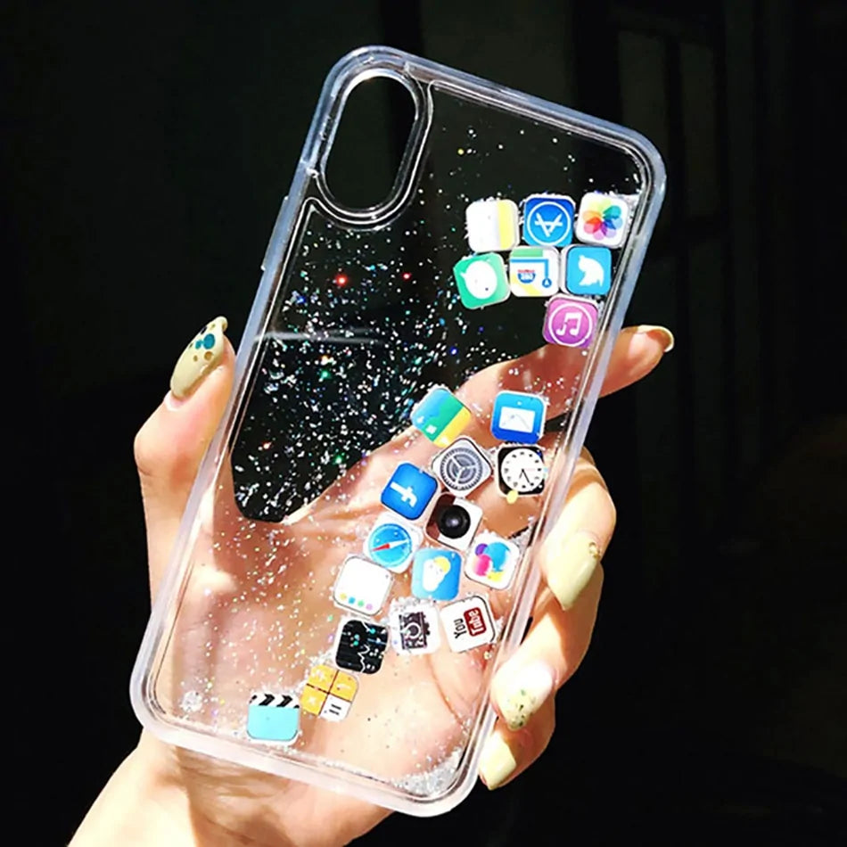 luxury Dynamic liquid Glitter Phone Case For iPhone Quicksand Cover Cute APP icon Case For iPhone X XR XS MAX