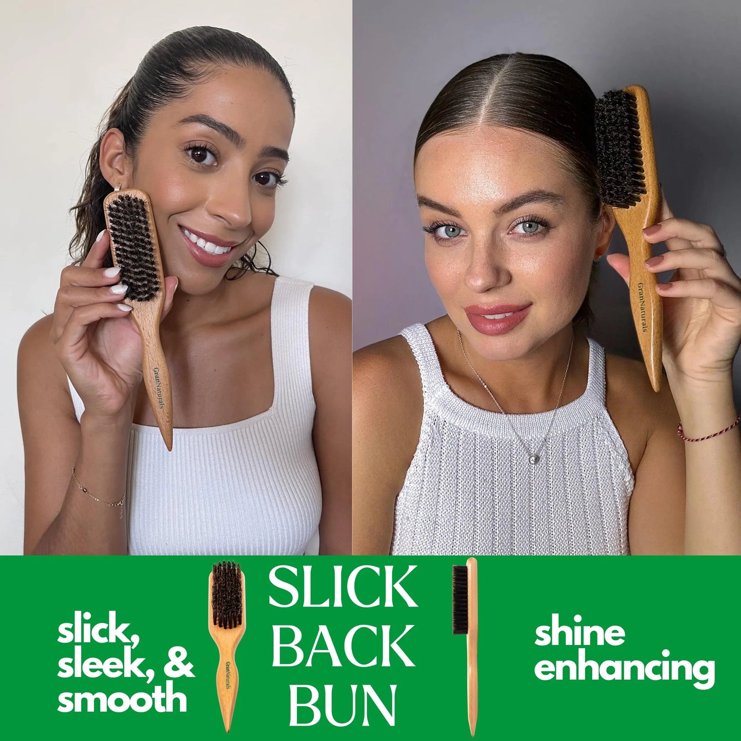 GranNaturals Boar Bristle Slick Back Hair Brush for Sleek Ponytail Bun & Smoothing Baby Hairs, Flyaways, Edge Control - Backcombing & Teasing Hairbrush with Wide Rat Tail for Sectioning & Parting